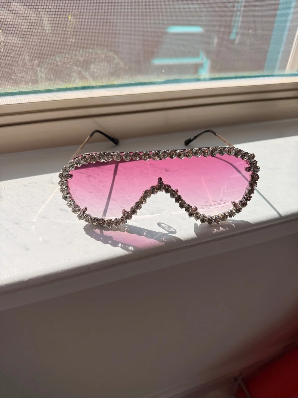 Rhinestone Trim Pink Shield Sunglasses - Women Accessories